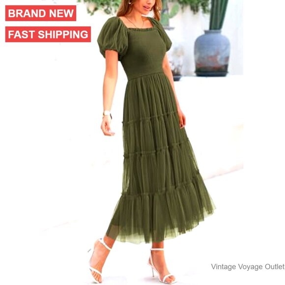 Women's Smocked Midi Tulle Dress Puff Sleeves Square Neck Tiered Ruffle - Picture 3 of 6